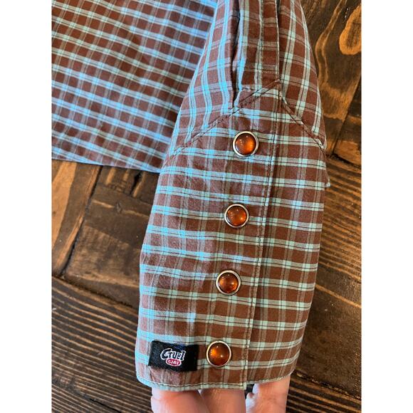 Cruel Retro Denim Festival Western Cowgirl Pearl Snap Shirt Women Medium Aztec - Picture 12 of 13